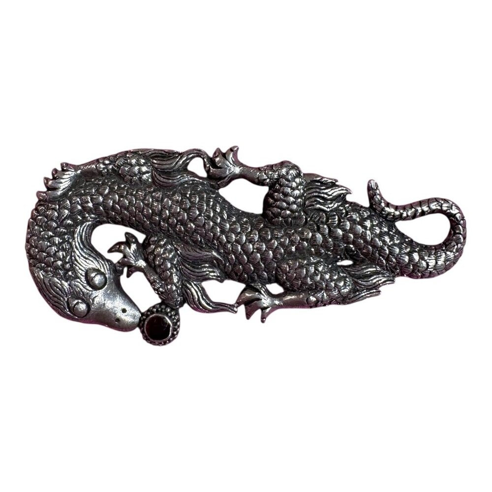 Vintage Sterling Silver Dragon Brooch Pin Detailed & Red Stone Eye Estate Find